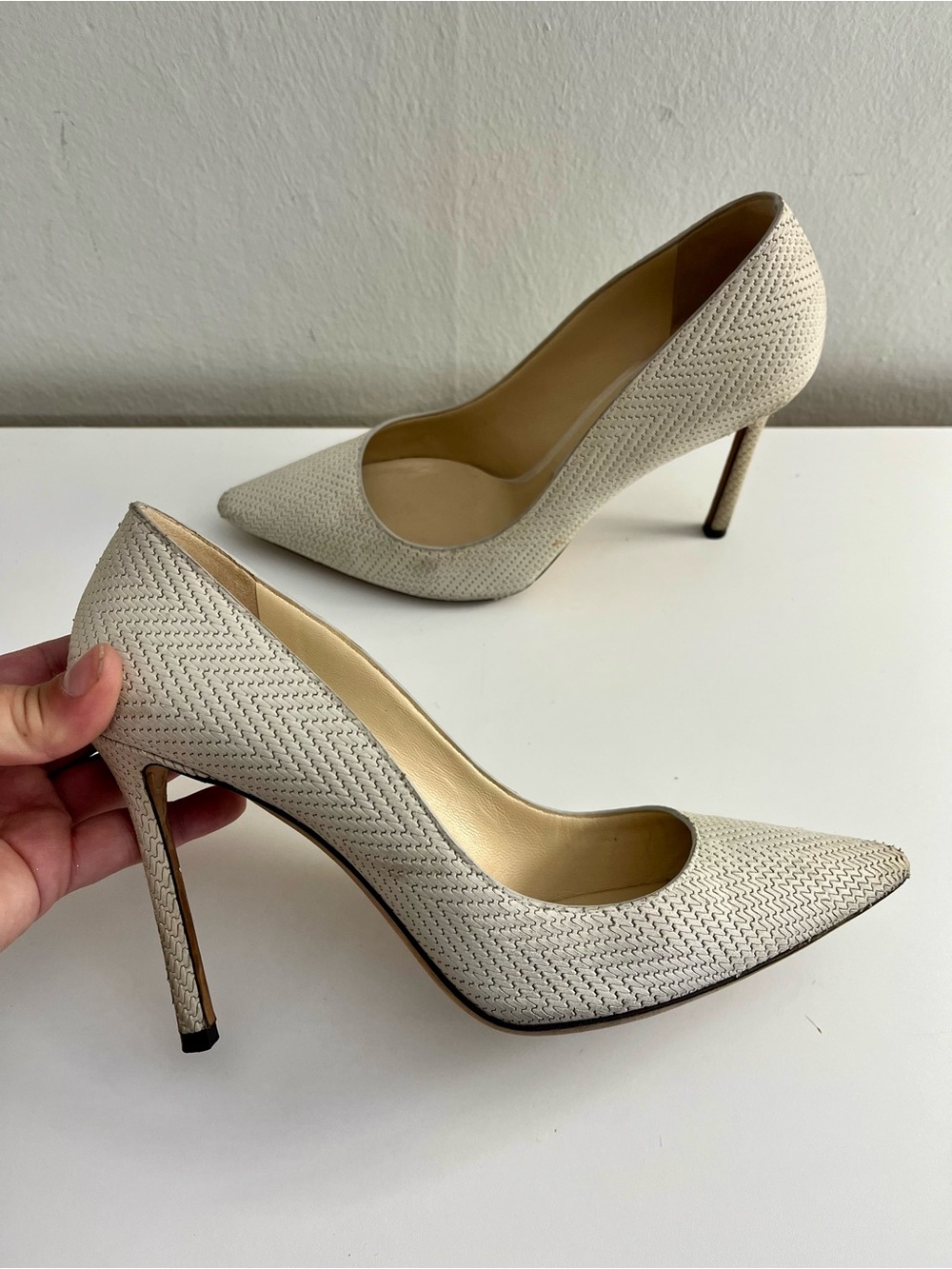 Jimmy Choo Romy 100 Embossed Chevron Leather Pumps Size 37